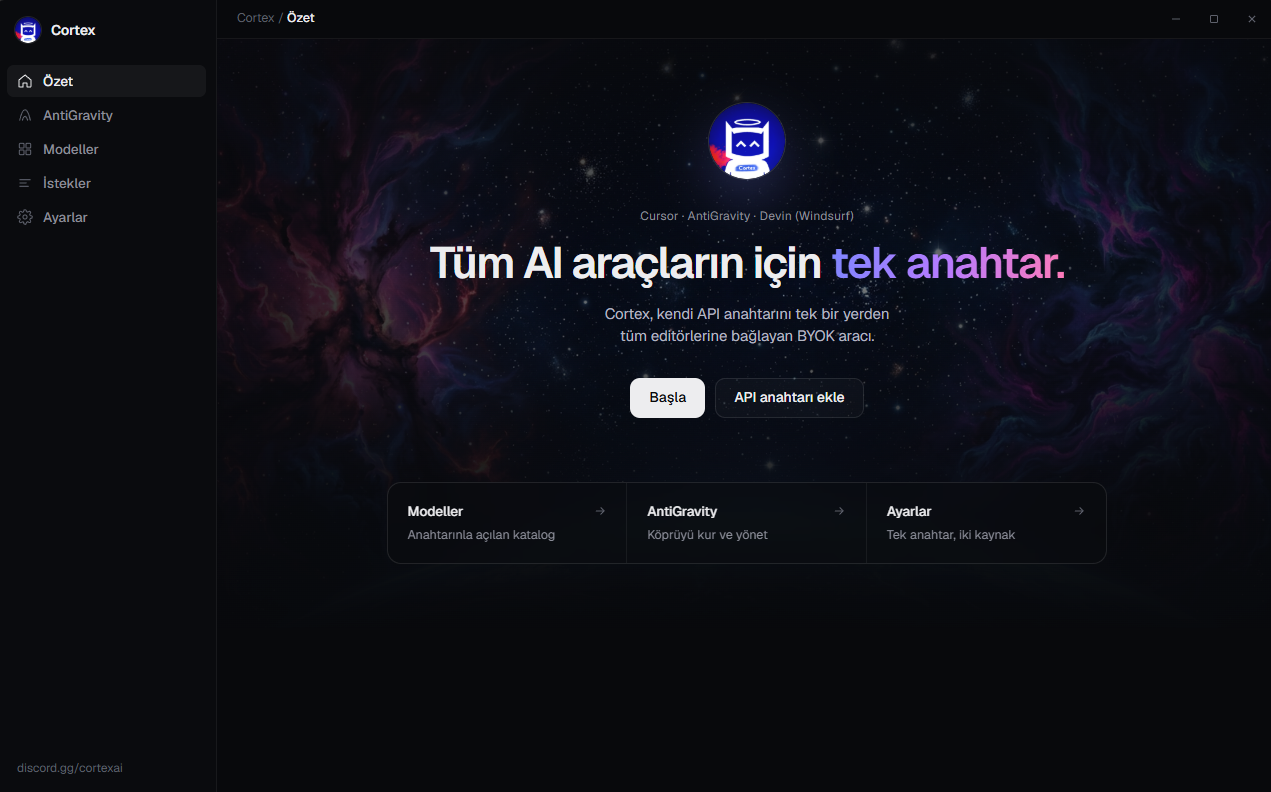 Cortex uygulamasının Özet ekranı: kenar çubuğunda Çağrılar, Cursor, Devin ve AntiGravity modelleri, ortada Başla düğmesi